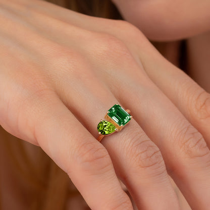 Toi Et Moi Ring - Emerald Cut & Pear Two Stone Solid Gold Band