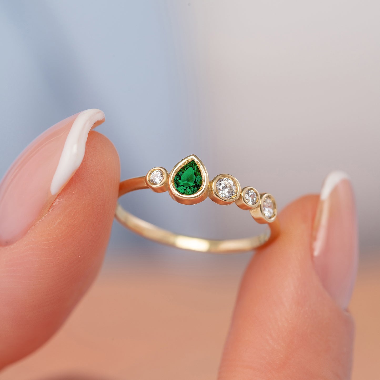 Emerald Pear Bezel Five-Stone Birthstone Solid Gold Ring