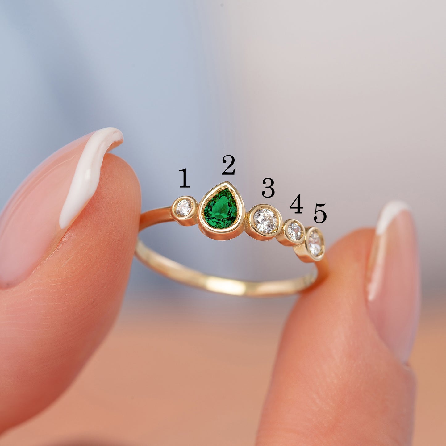 Emerald Pear Bezel Five-Stone Birthstone Solid Gold Ring