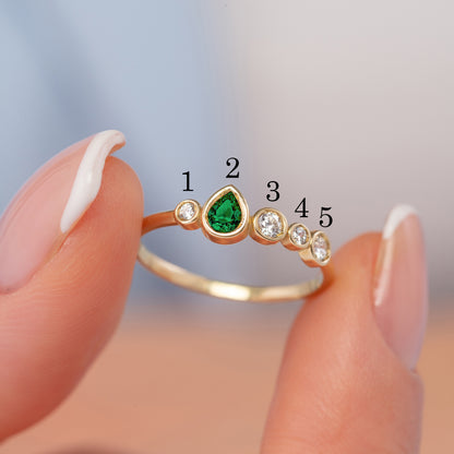 Emerald Pear Bezel Five-Stone Birthstone Solid Gold Ring