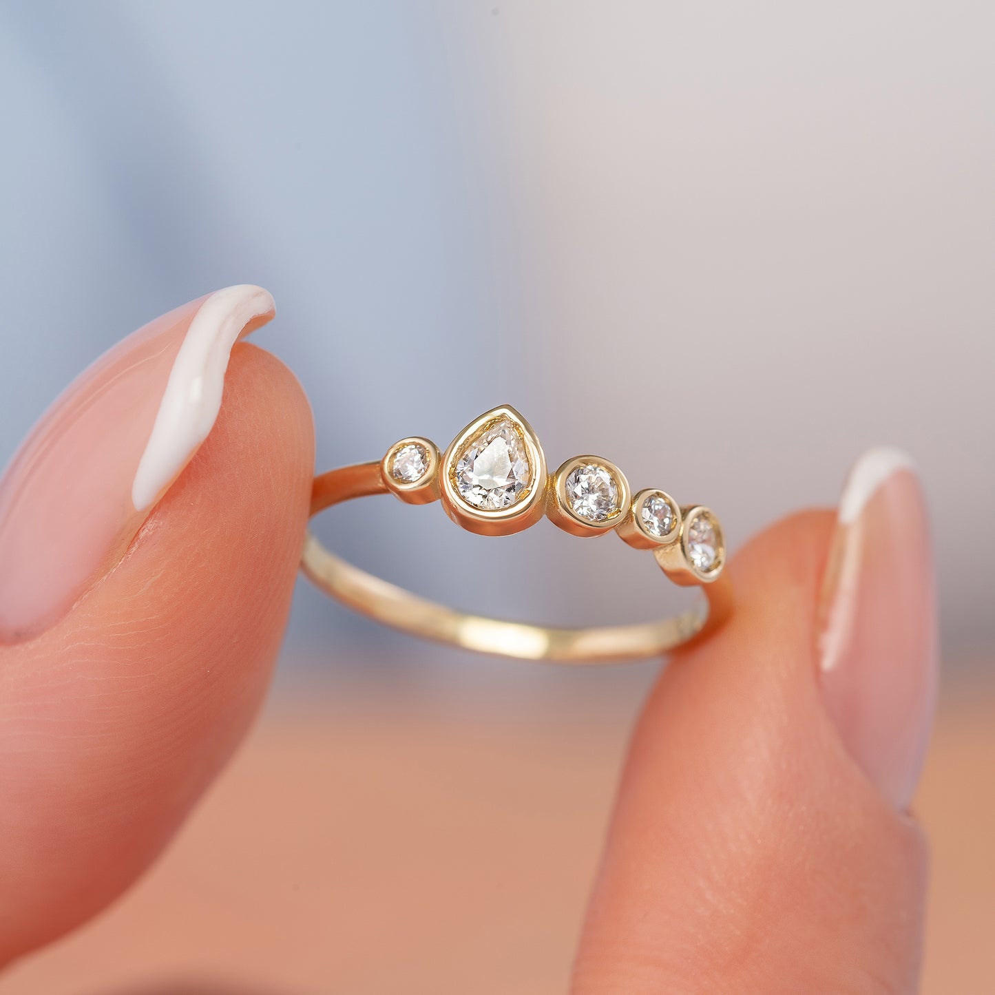 Emerald Pear Bezel Five-Stone Birthstone Solid Gold Ring