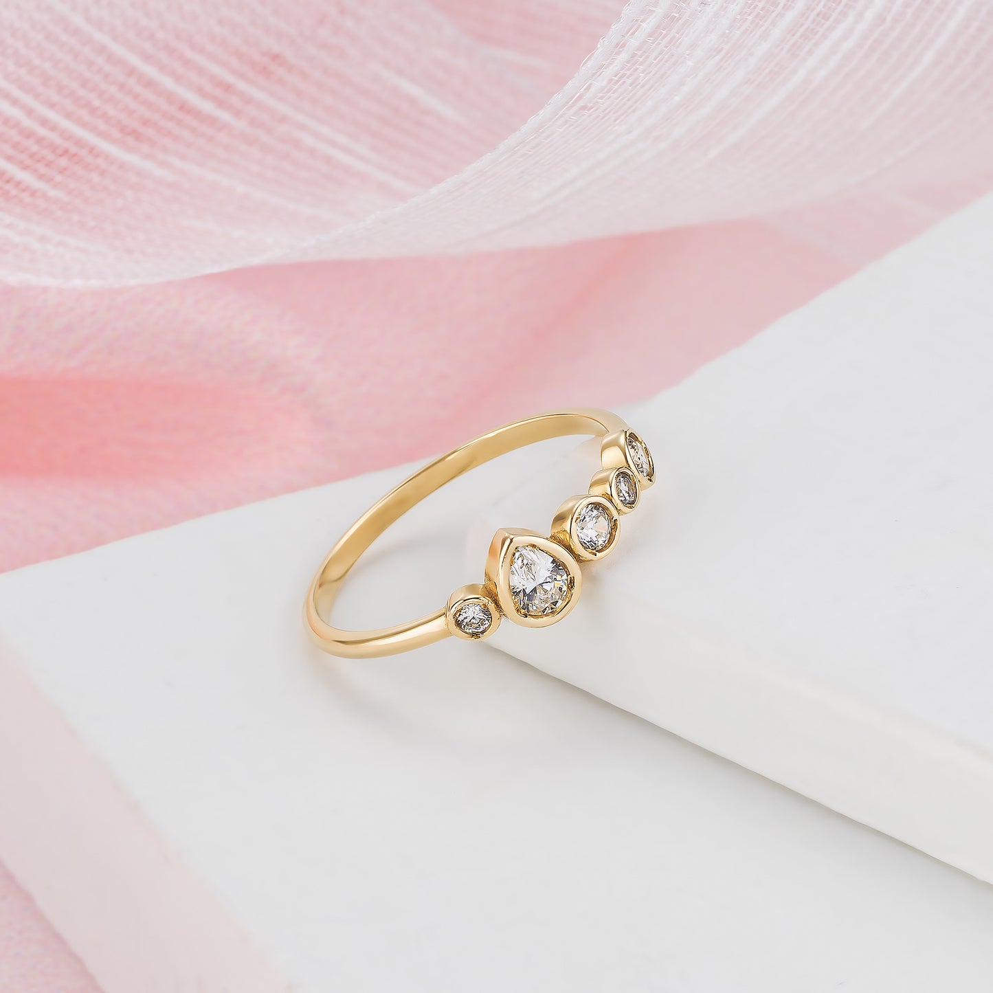 Emerald Pear Bezel Five-Stone Birthstone Solid Gold Ring