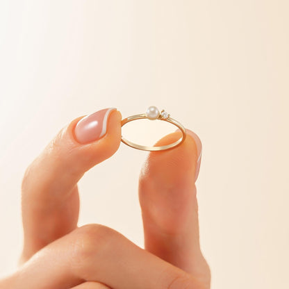 14K Solid Gold Pearl Ring with Tiny Diamond Accent, Dainty Minimalist Stacking Jewelry