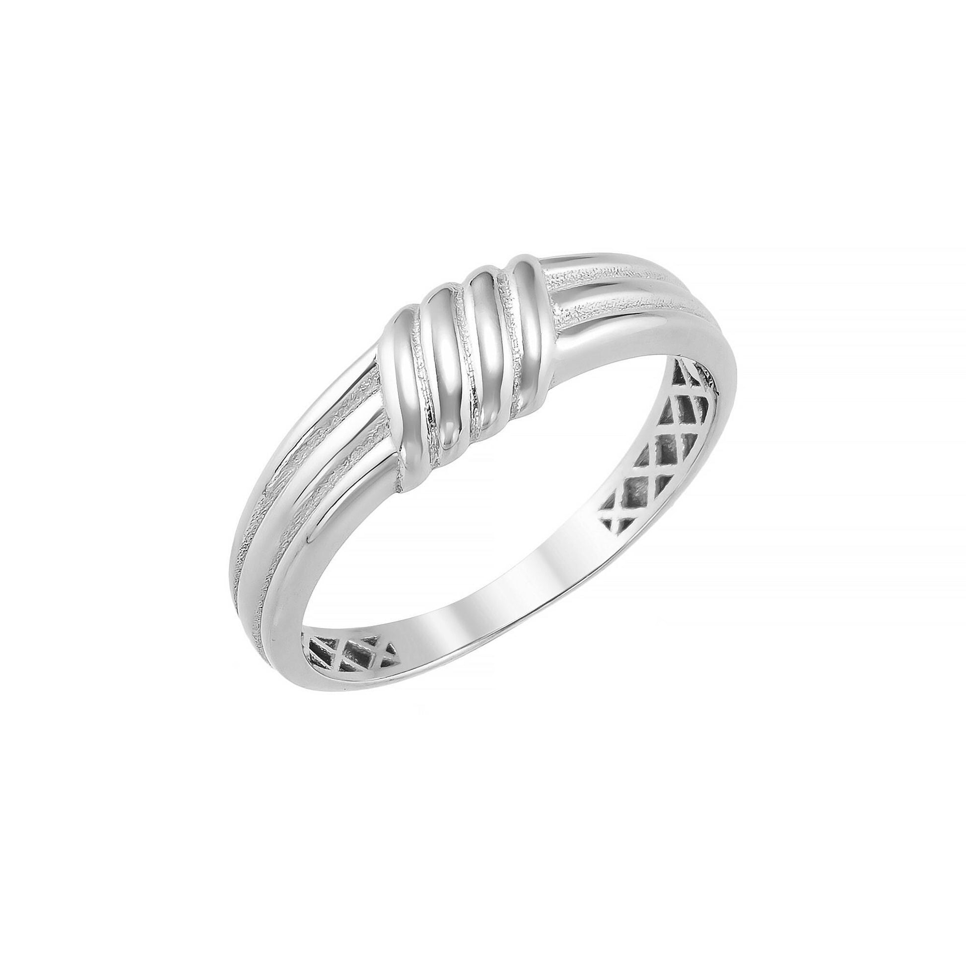 A silver ring with a unique design featuring a curved band and a central motif.