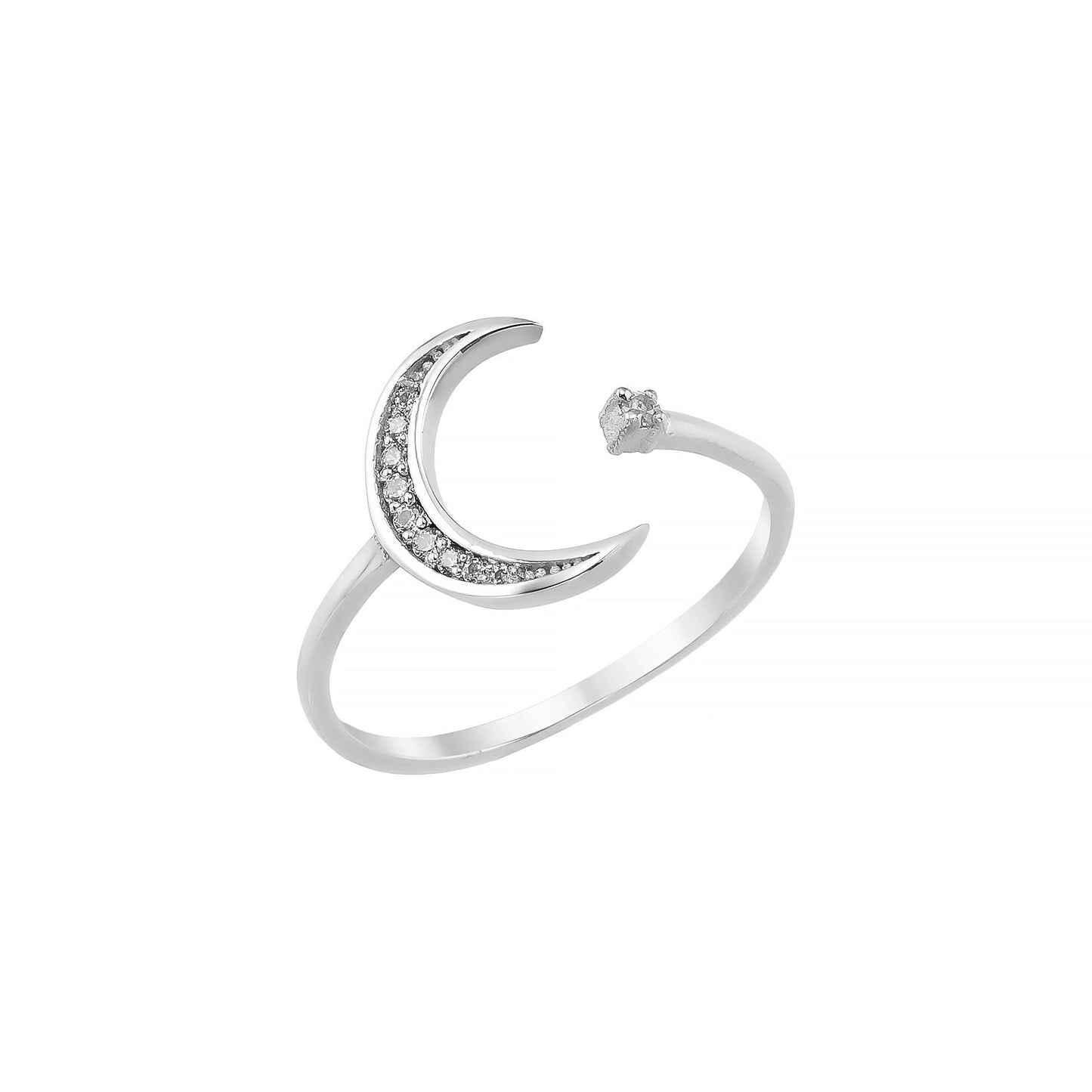 A silver ring with a crescent moon design and small diamonds set in it.
