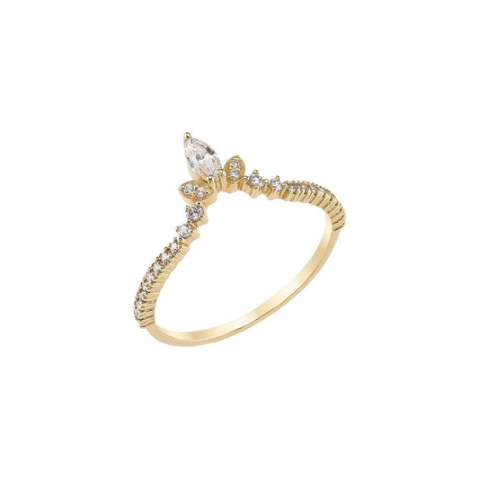 A gold ring with a large diamond in the center, surrounded by smaller diamonds and a floral design.