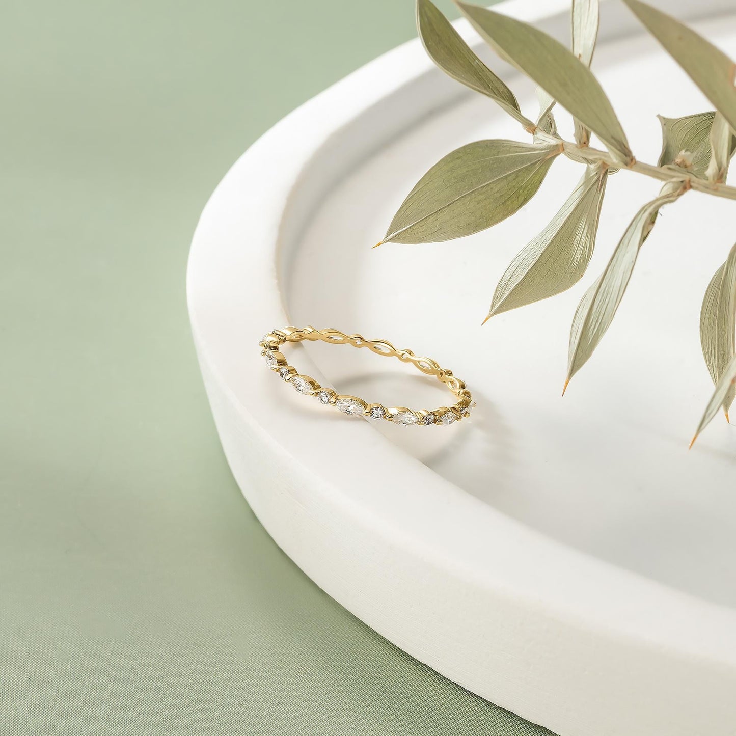 Marquise & Round Eternity Wedding Band, Dainty Stacking Ring in 14K Solid Gold, Dainty Match