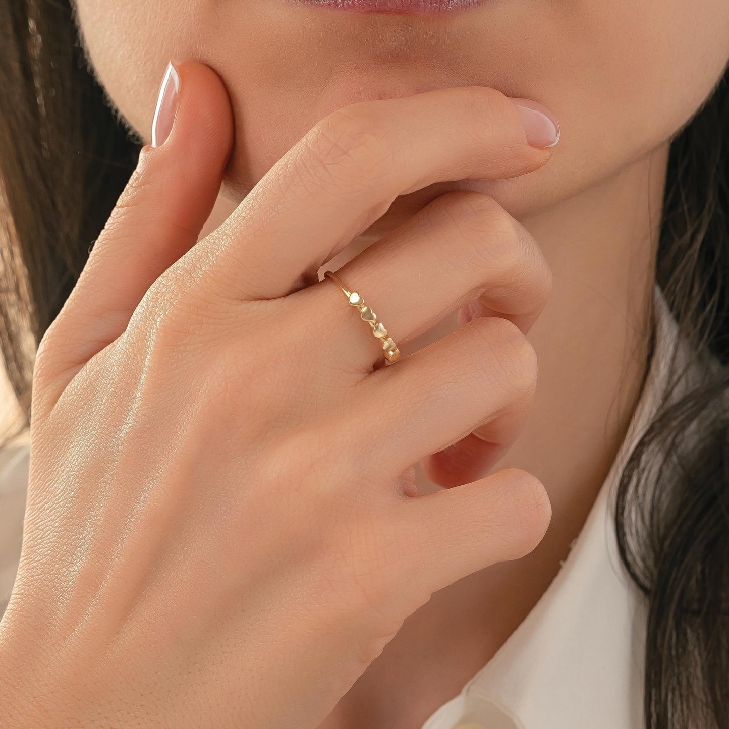 Dainty Heart Band Ring in 14K Solid Gold, Minimal Stackable Ring, Love Motif Jewelry
