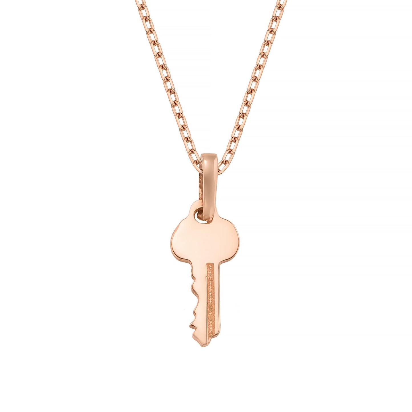 A delicate rose gold-colored necklace with a single key-shaped pendant.