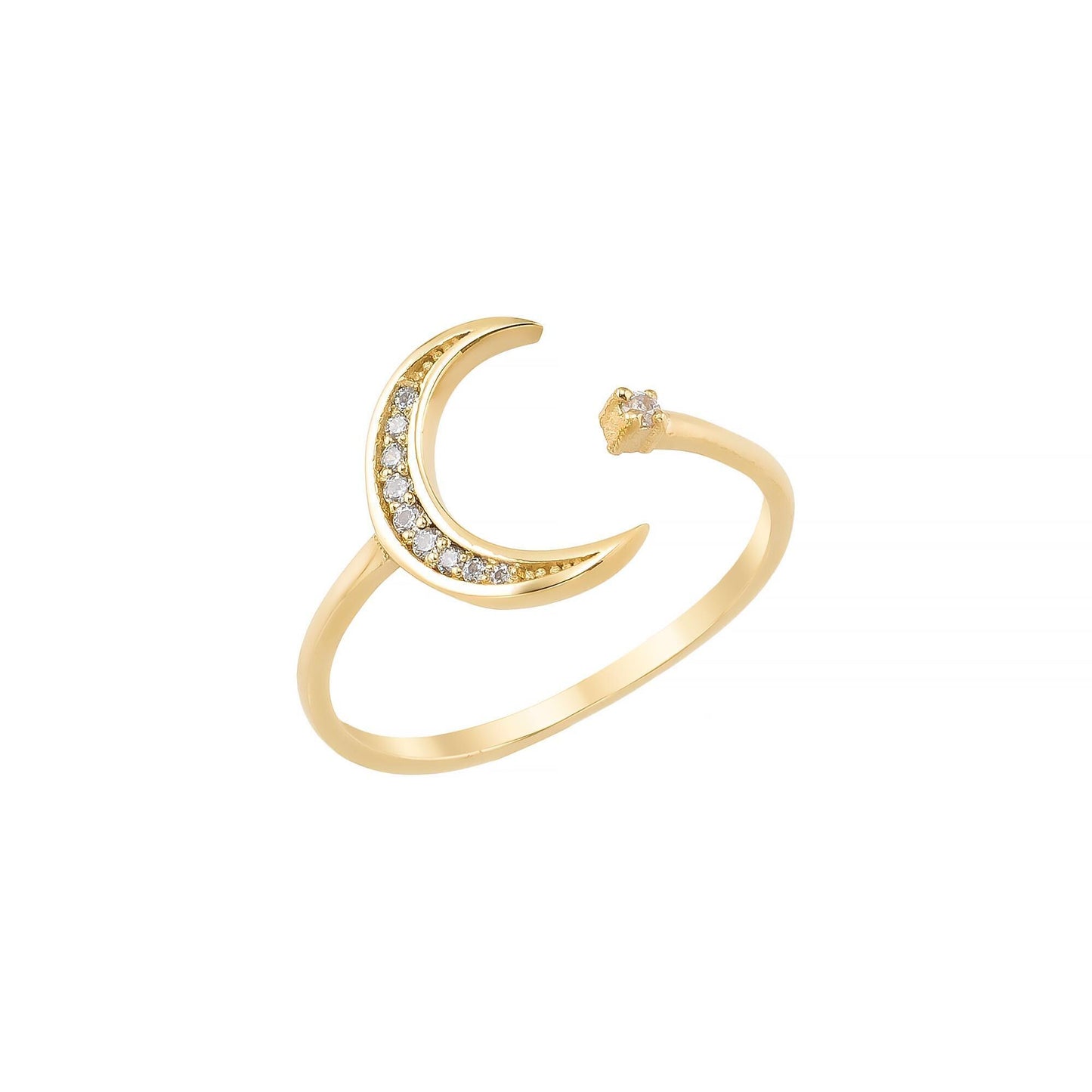A gold ring with a crescent moon design and small diamonds set in it.