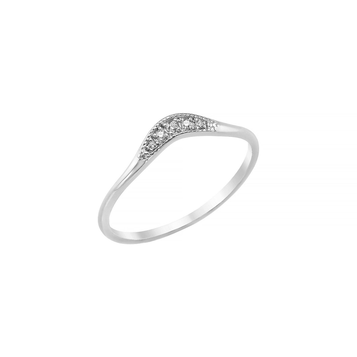 A silver ring with a curved band and a small, clear gemstone set in the center.