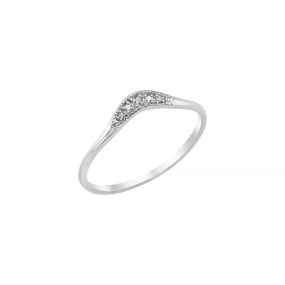 A silver ring with a curved band and a small, clear gemstone set in the center.