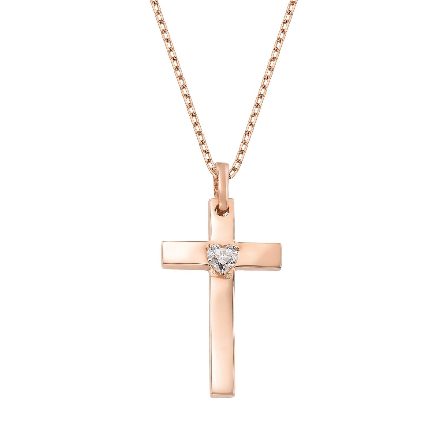 A rose gold cross pendant with a small diamond in the center.