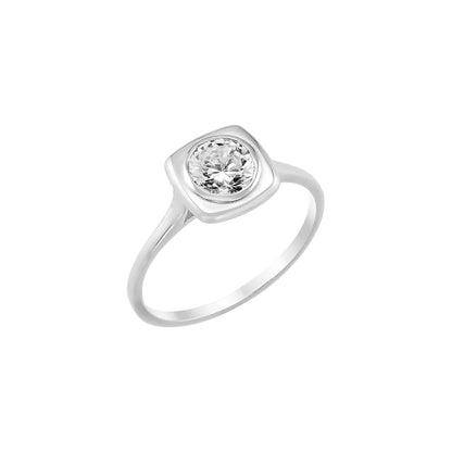 A silver ring with a large, clear gemstone set in the center.