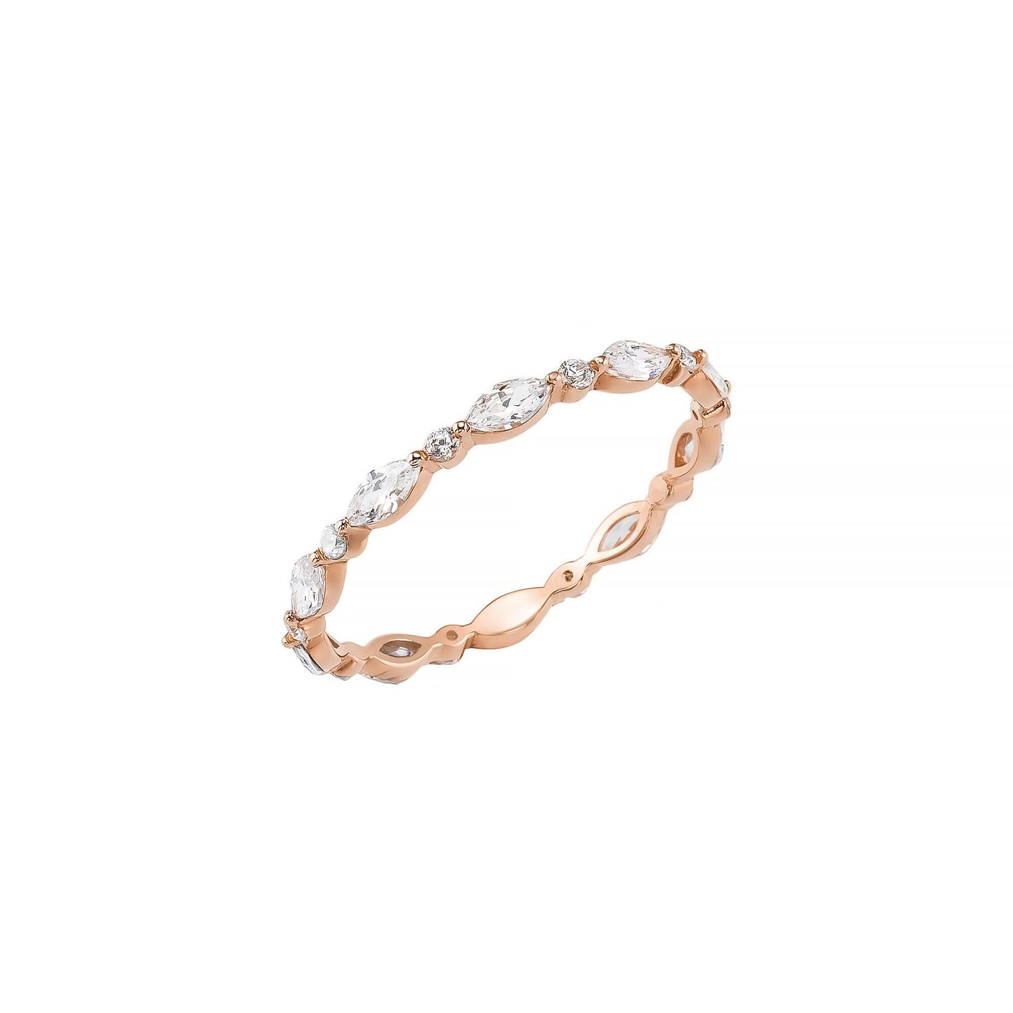 A rose gold ring with a row of small diamonds set in the band.