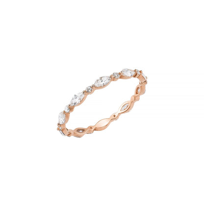A rose gold ring with a row of small diamonds set in the band.