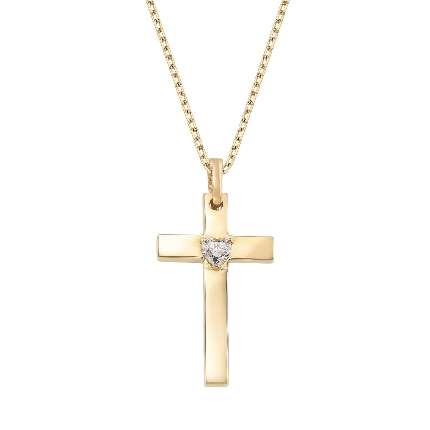 A gold cross pendant with a heart-shaped gemstone in the center.