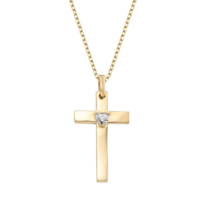 A gold cross pendant with a heart-shaped gemstone in the center.