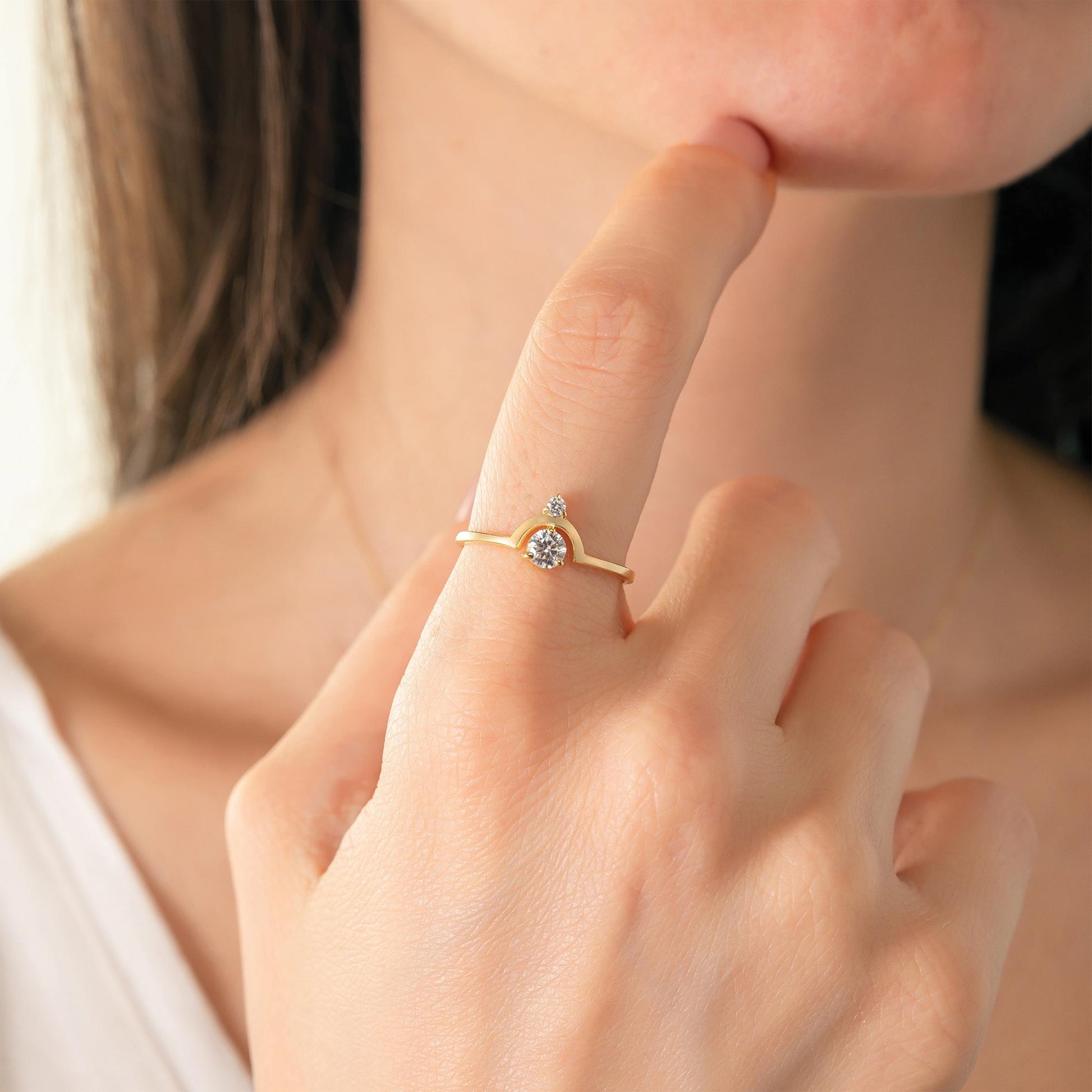 A close-up of a person's hand wearing a gold ring with a diamond, with their finger gently touching their lips.