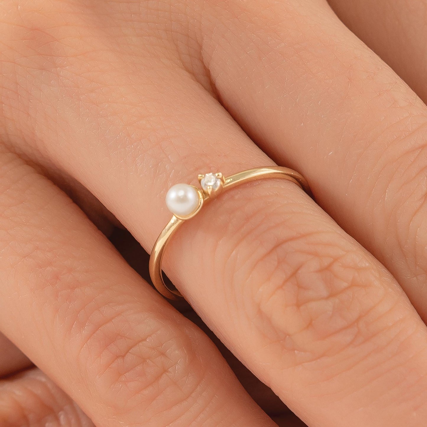 14K Solid Gold Pearl Ring with Tiny Diamond Accent, Dainty Minimalist Stacking Jewelry