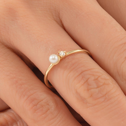 14K Solid Gold Pearl Ring with Tiny Diamond Accent, Dainty Minimalist Stacking Jewelry