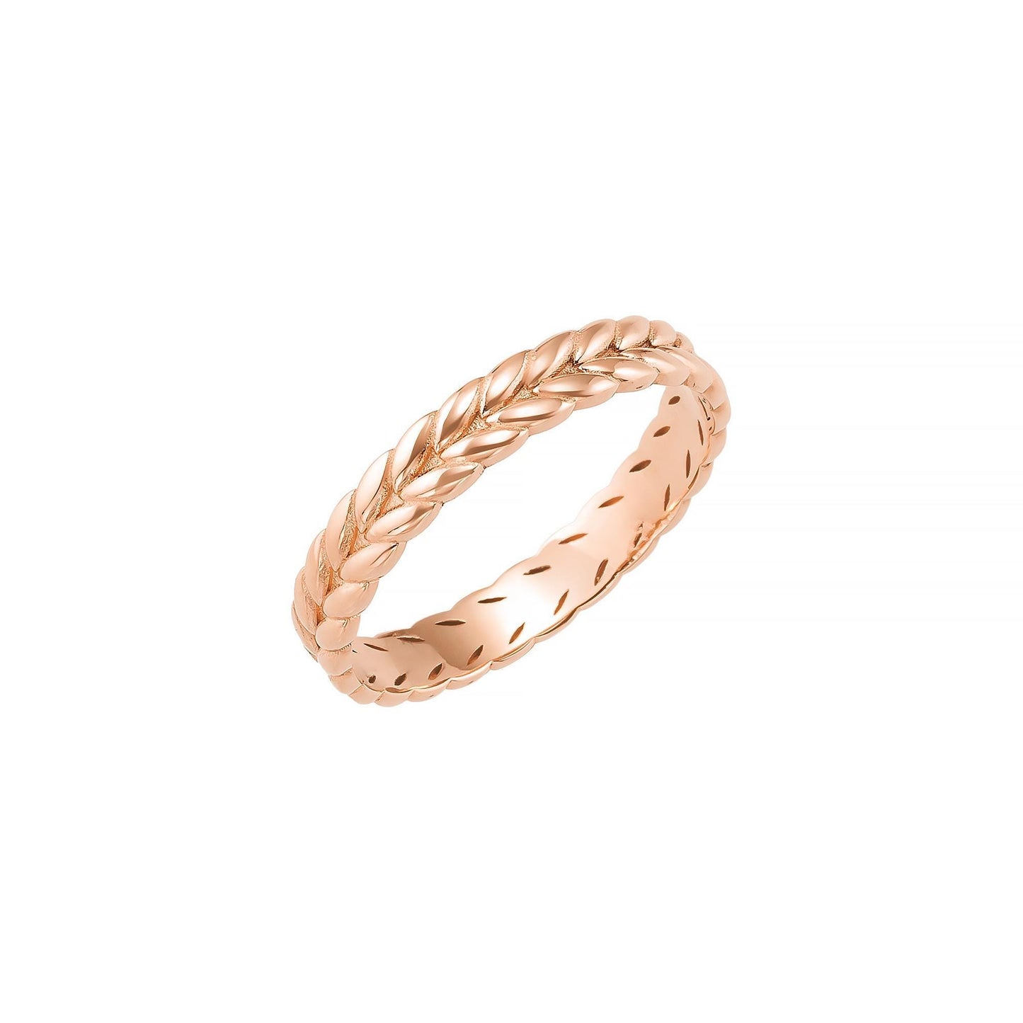 A gold-colored ring with a braided band design.