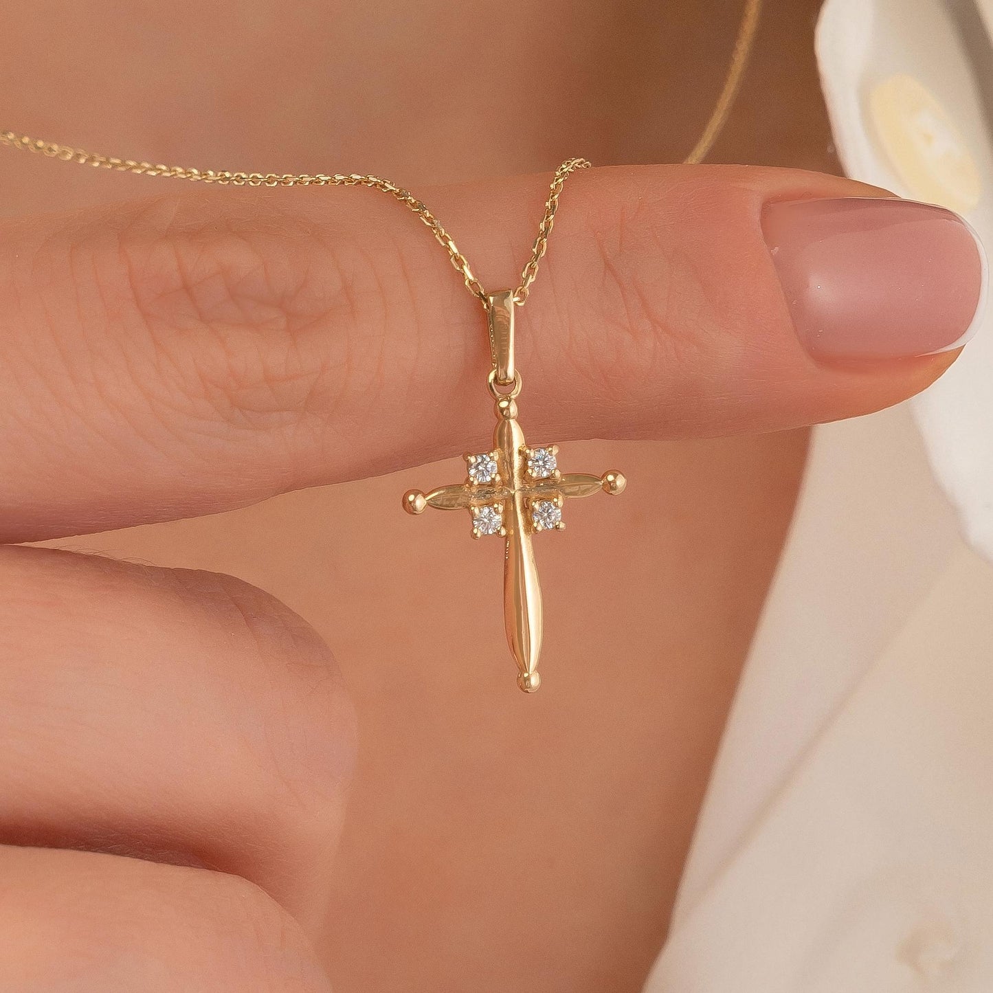 14K Solid Gold Puffy Cross Pendant, Minimalist Layering Necklace, Faith Jewelry