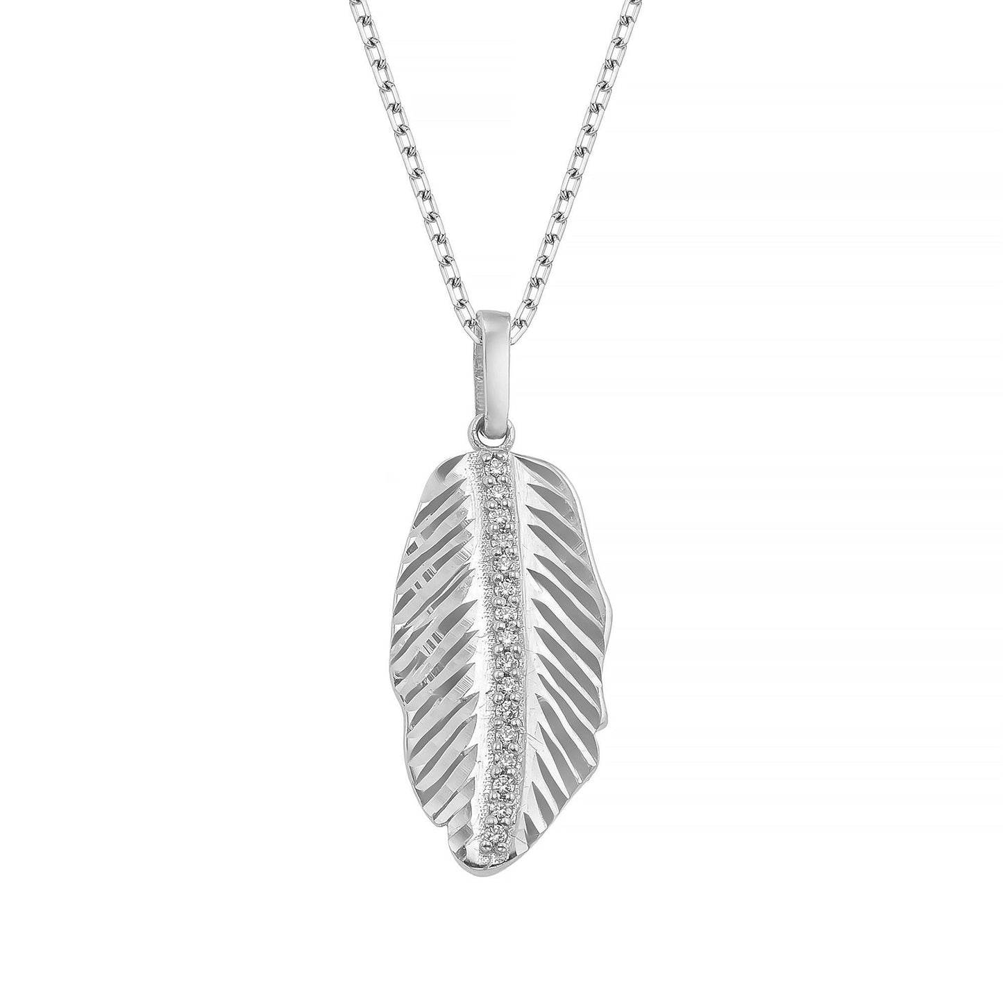 A silver-toned necklace with a pendant featuring a leaf-shaped design and small diamonds.