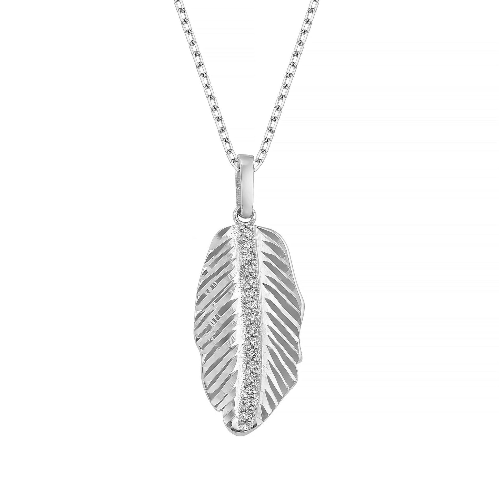 A silver-toned necklace with a pendant featuring a leaf-shaped design and small diamonds.