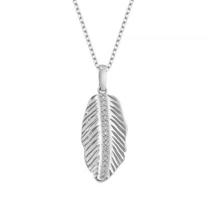 A silver-toned necklace with a pendant featuring a leaf-shaped design and small diamonds.