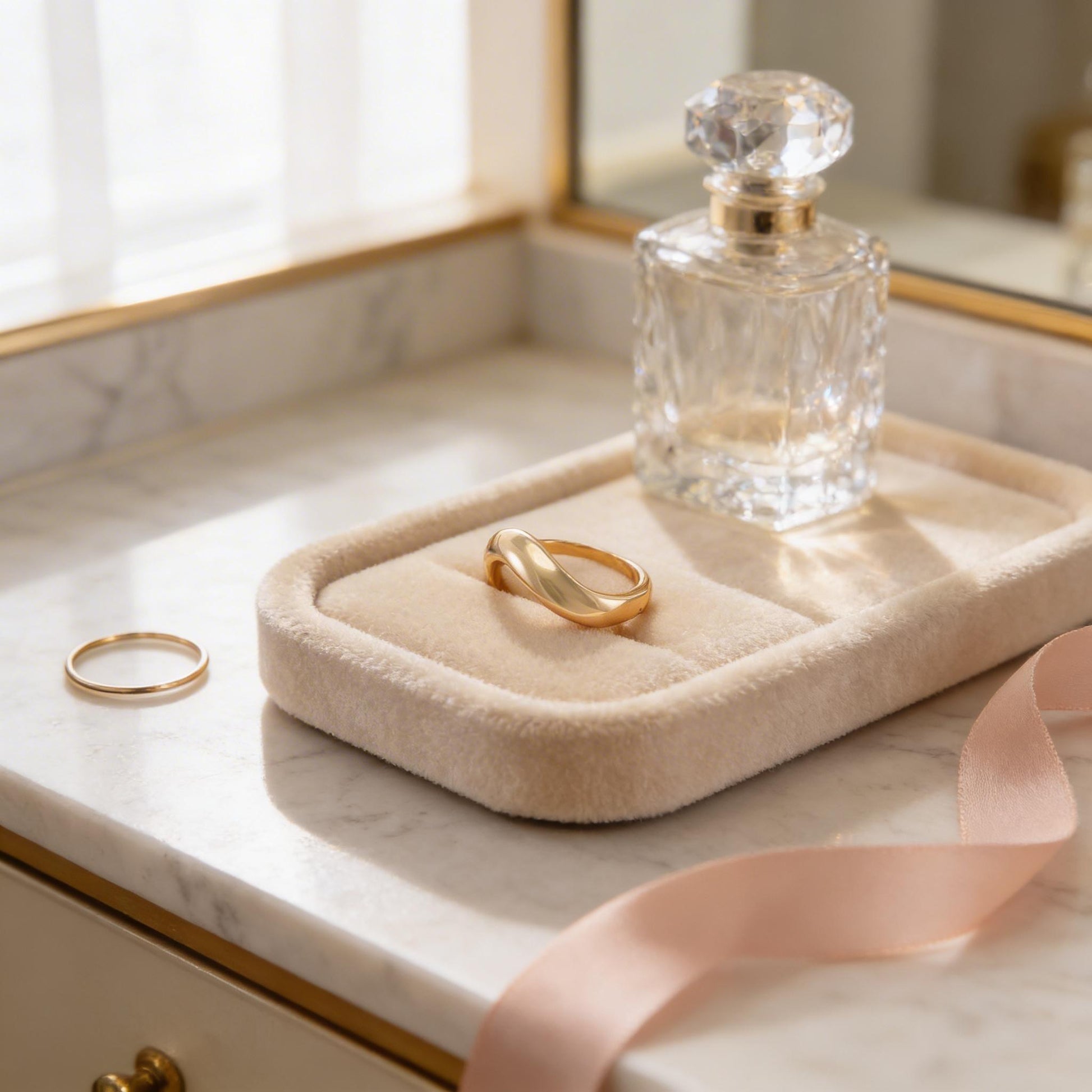 a vanity with a clear perfume bottle, two gold rings, and a pink ribbon on a marble countertop.