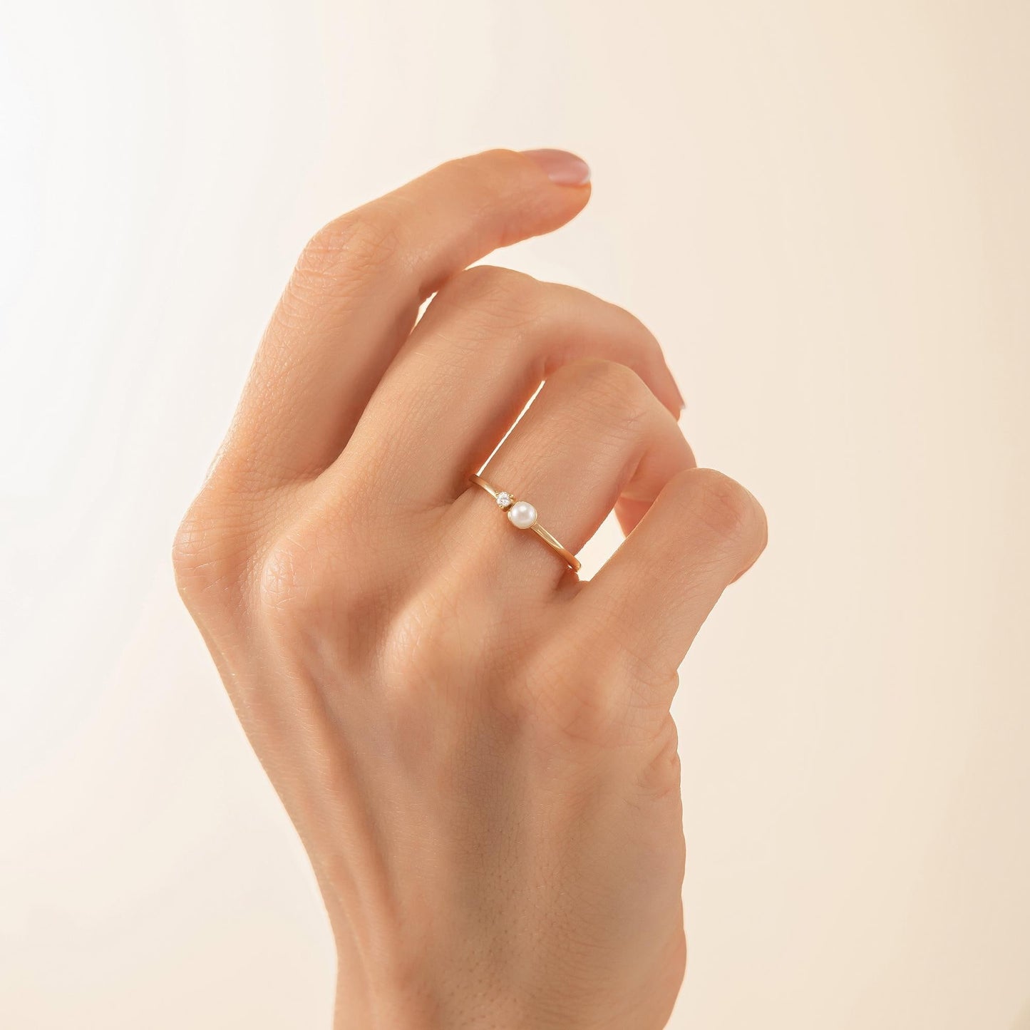 14K Solid Gold Pearl Ring with Tiny Diamond Accent, Dainty Minimalist Stacking Jewelry