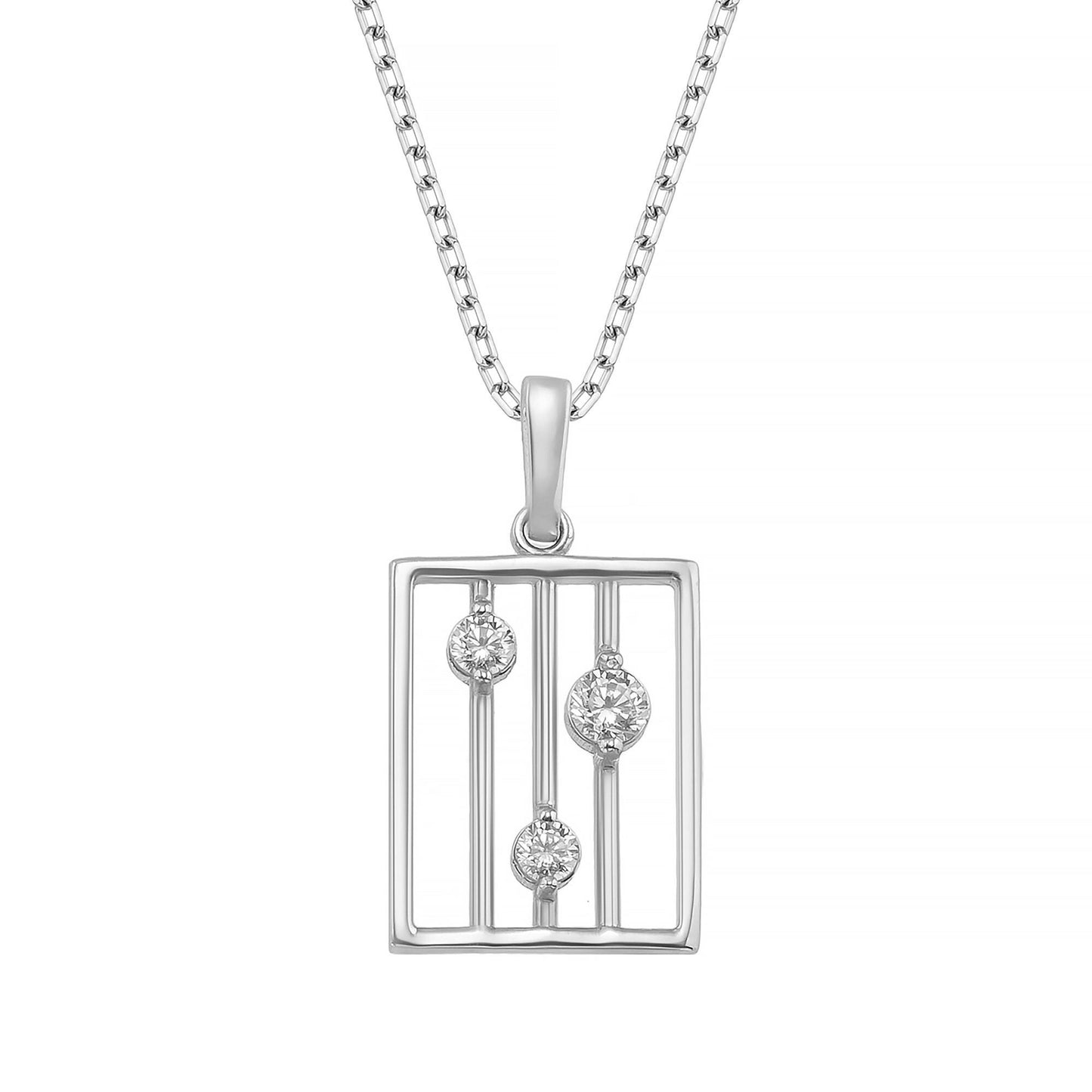 A silver-toned necklace with a rectangular pendant featuring three diamonds arranged in a grid pattern.