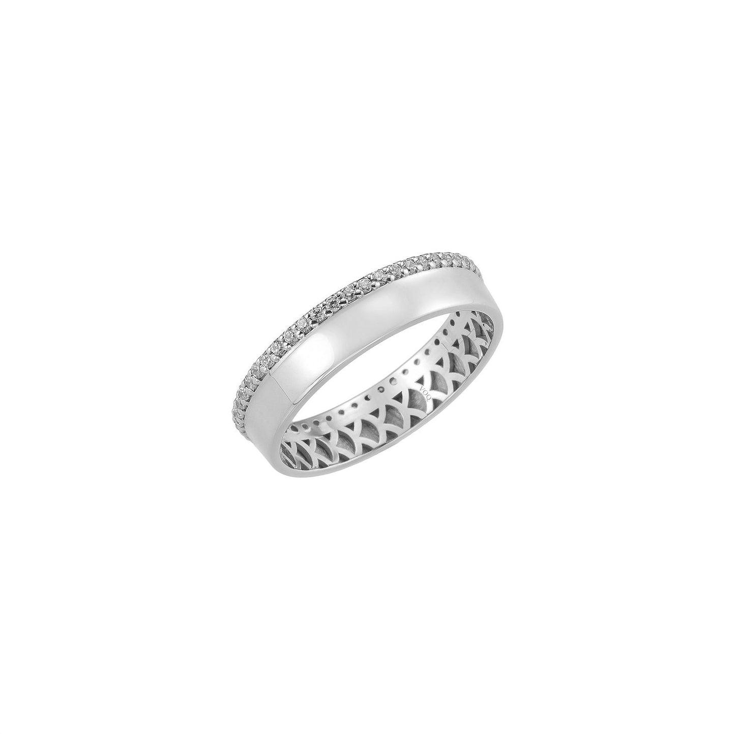 A silver ring with a band and a row of small diamonds along the band.