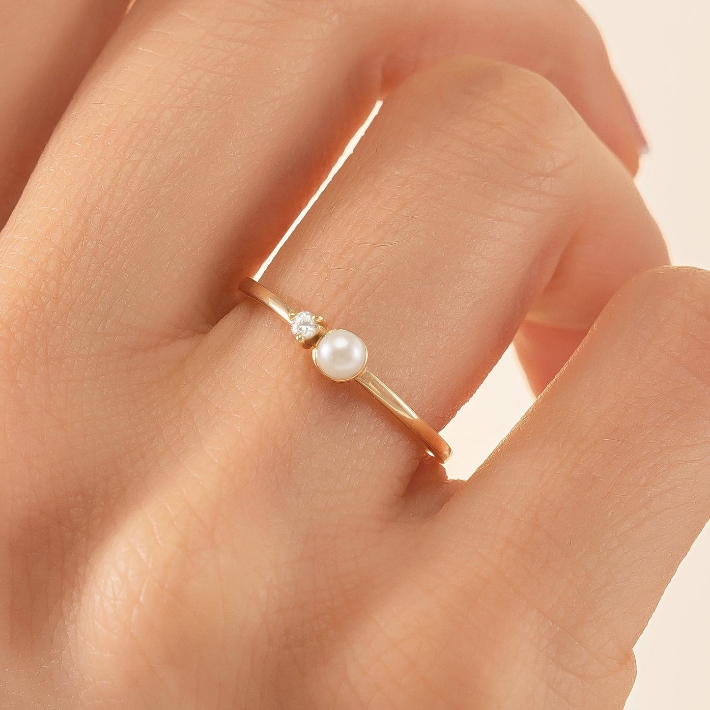 14K Solid Gold Pearl Ring with Tiny Diamond Accent, Dainty Minimalist Stacking Jewelry