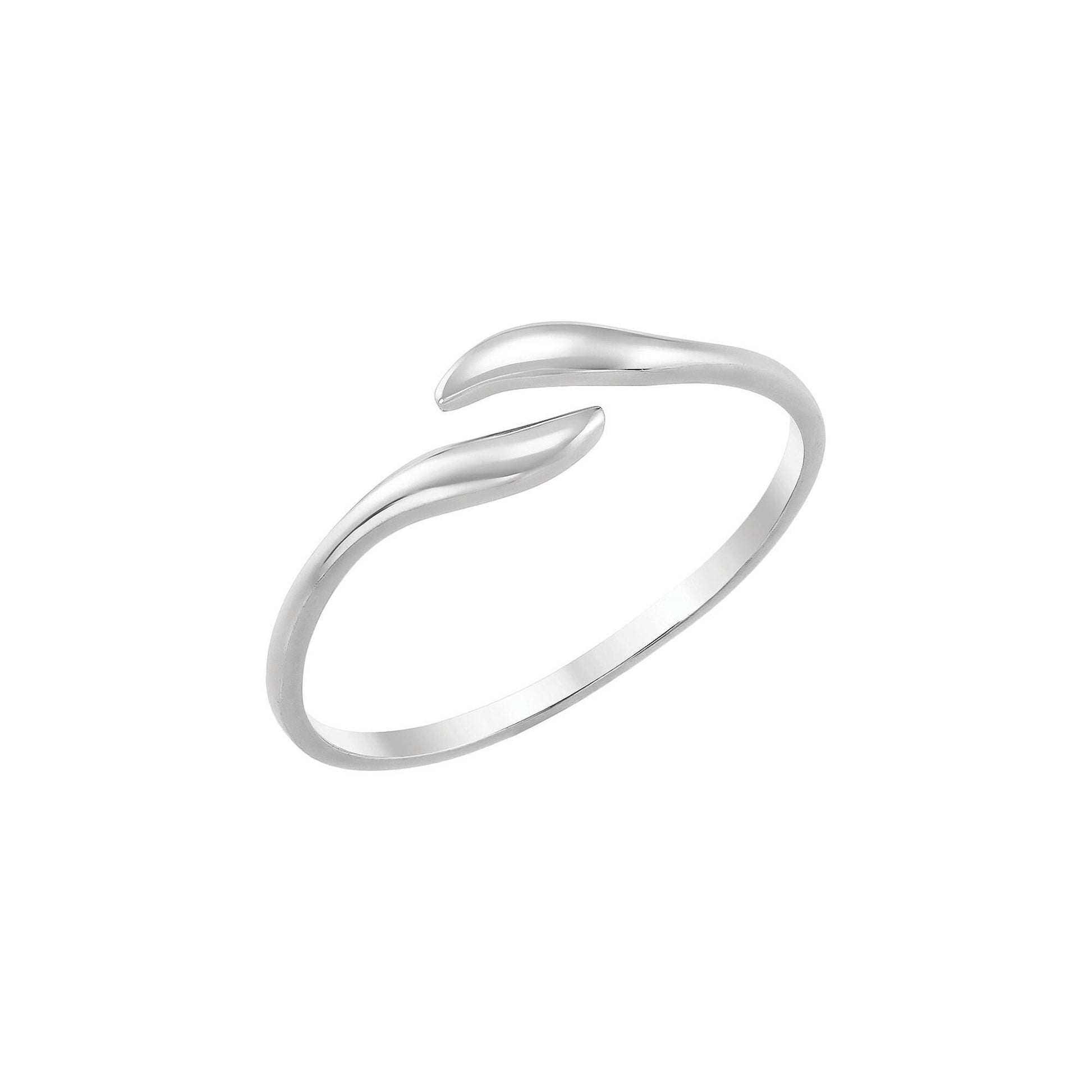 A silver ring with a curved band design.