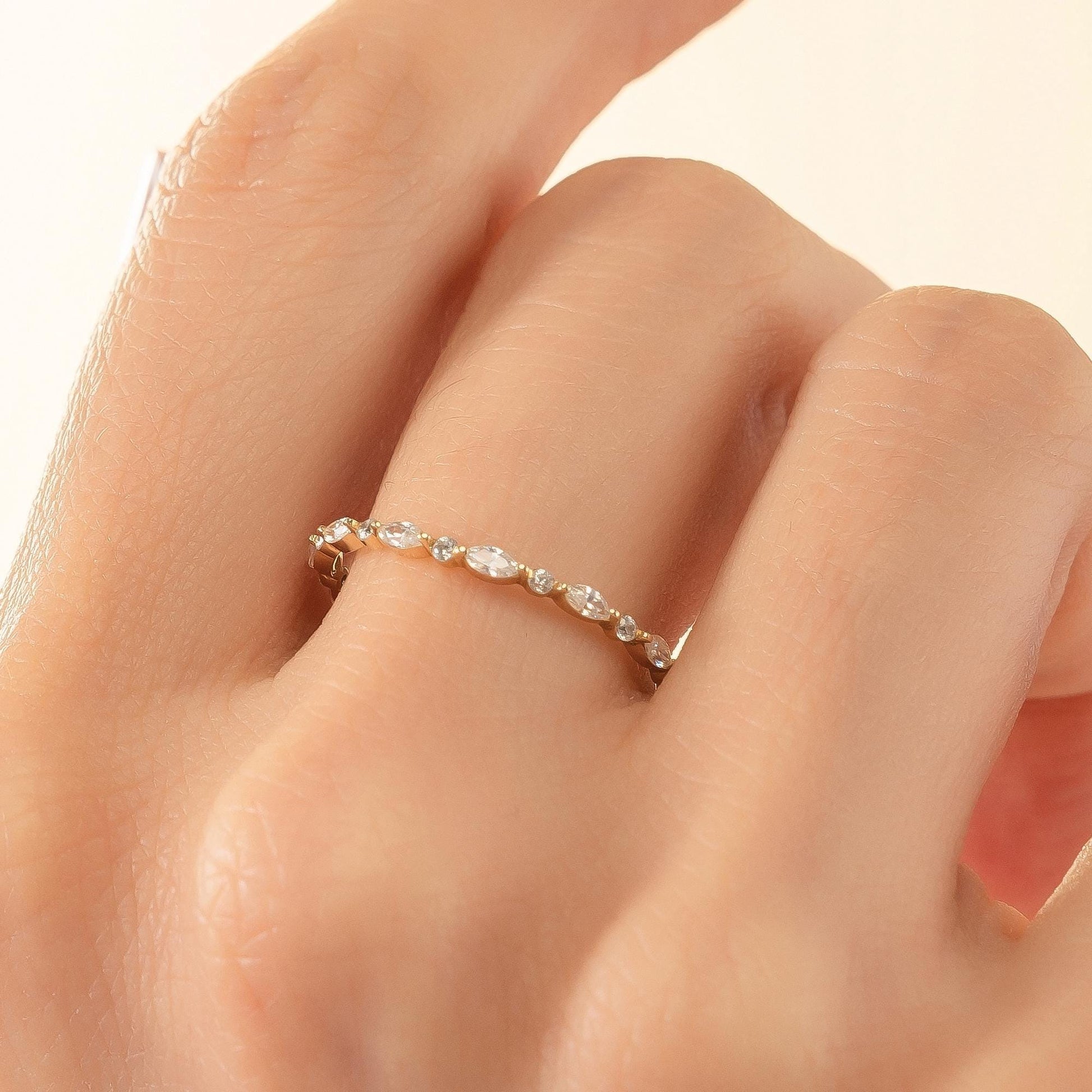 Marquise & Round Eternity Wedding Band, Dainty Stacking Ring in 14K Solid Gold, Dainty Match