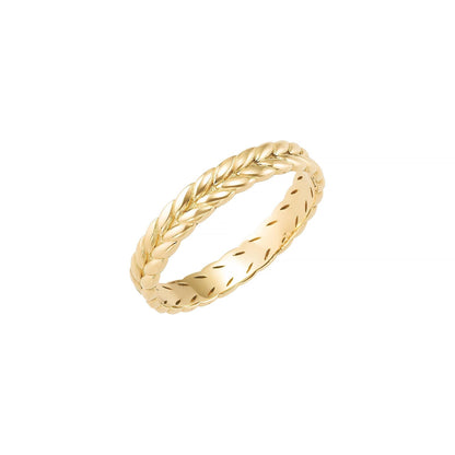 A gold ring with a braided band design.