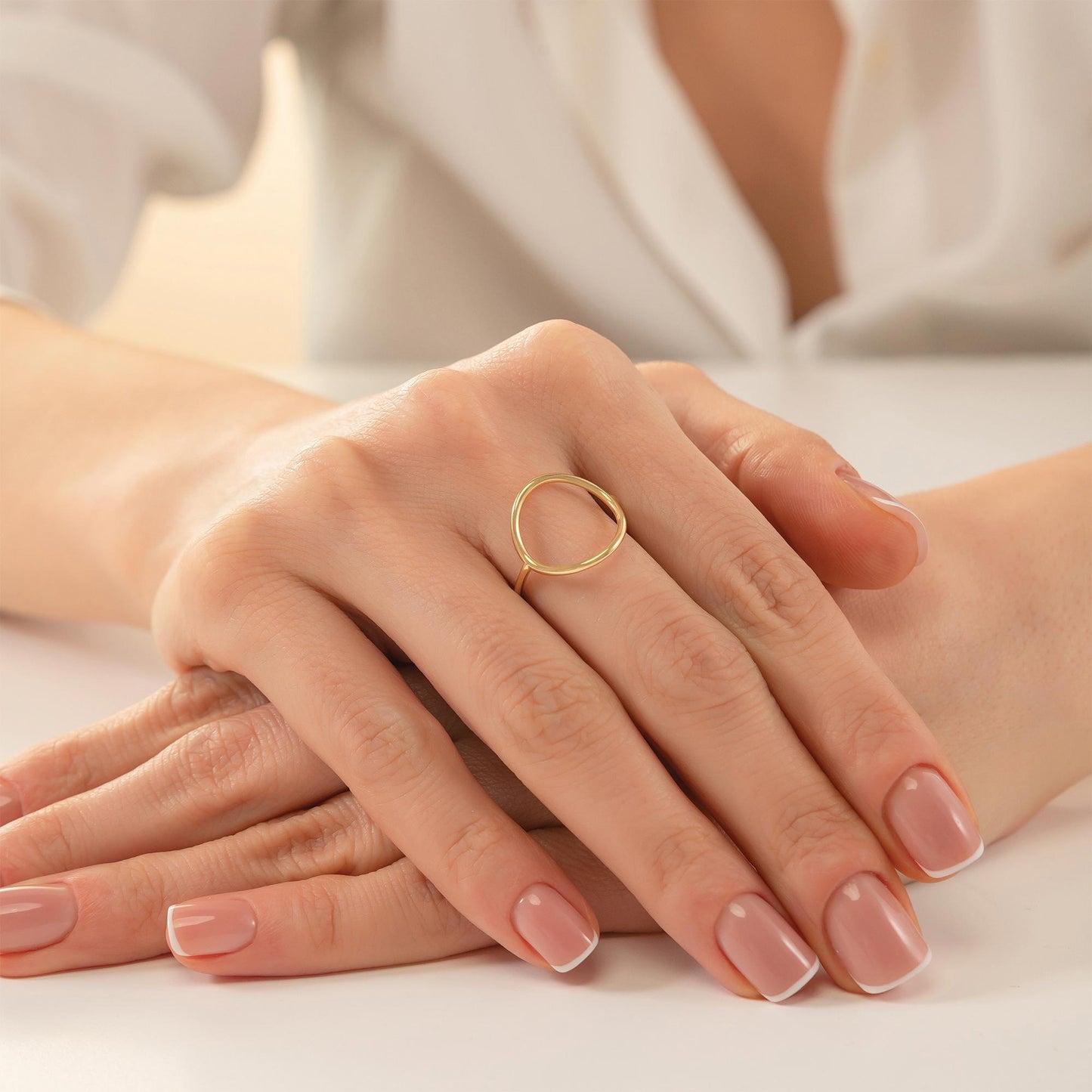 Open Circle Ring, 14K Solid Gold Geometric Band, Minimalist Dainty Stackable