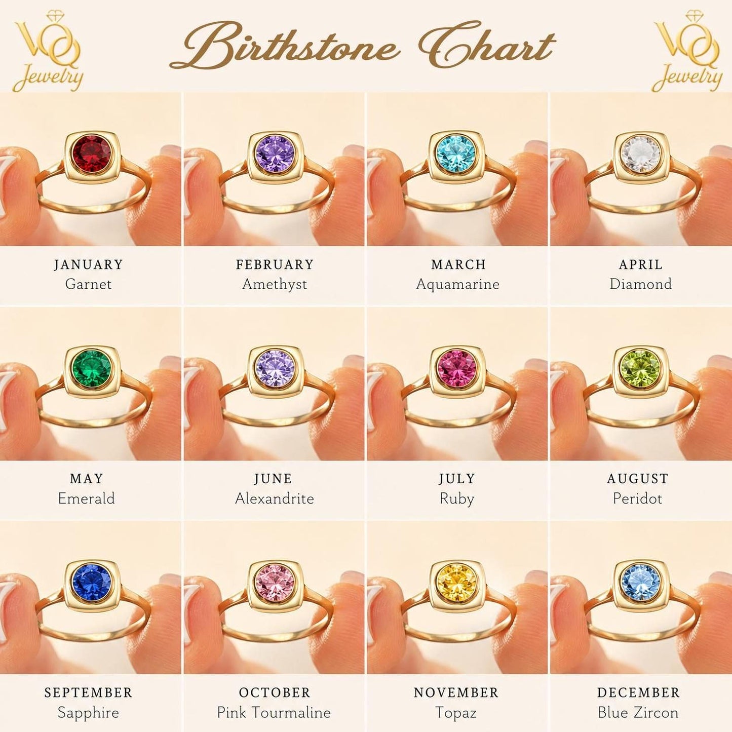 The image is a collage of 12 images showing different gold rings with gemstones representing each month of the year.