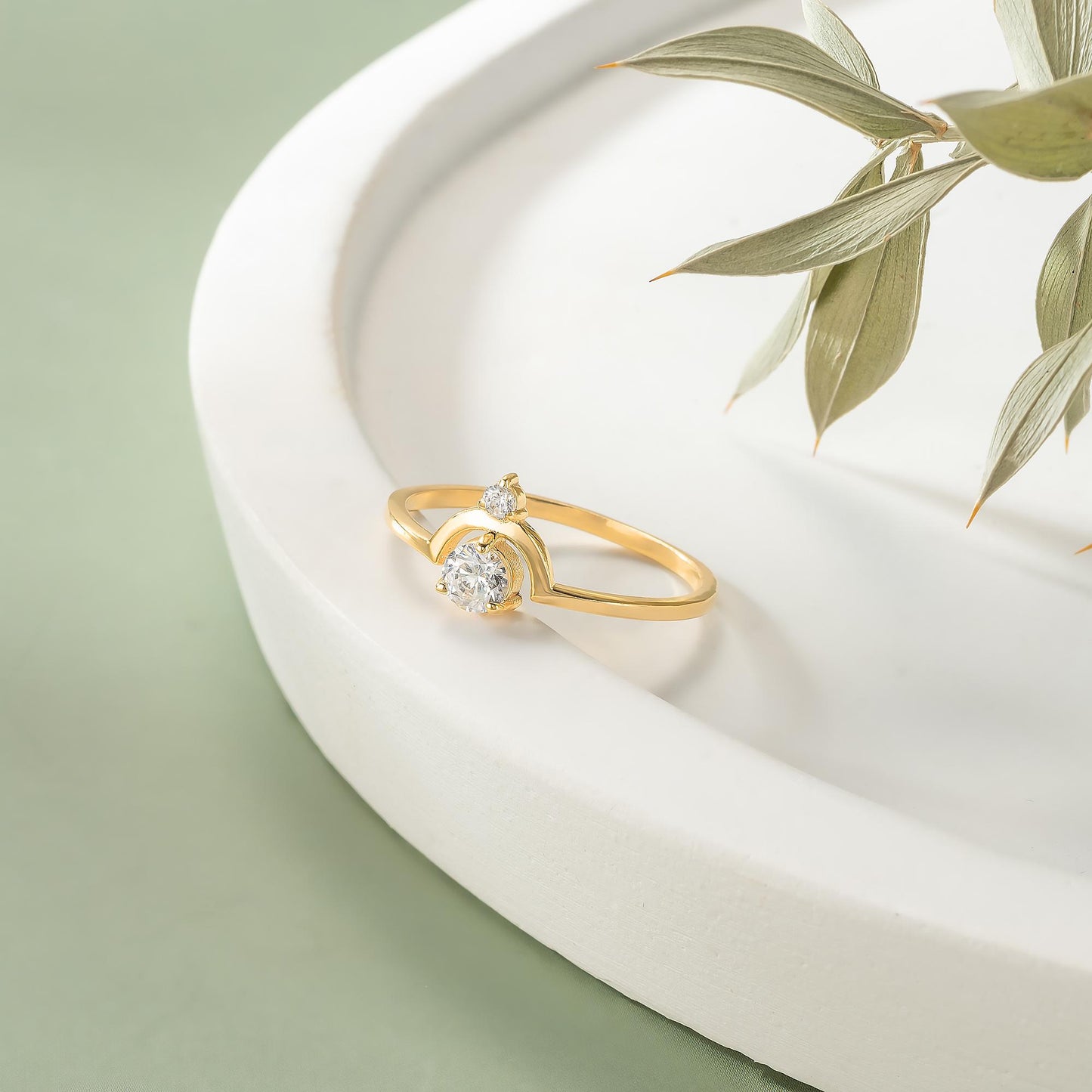 A gold ring with a large diamond sits on a white plate, accompanied by a plant with green leaves.