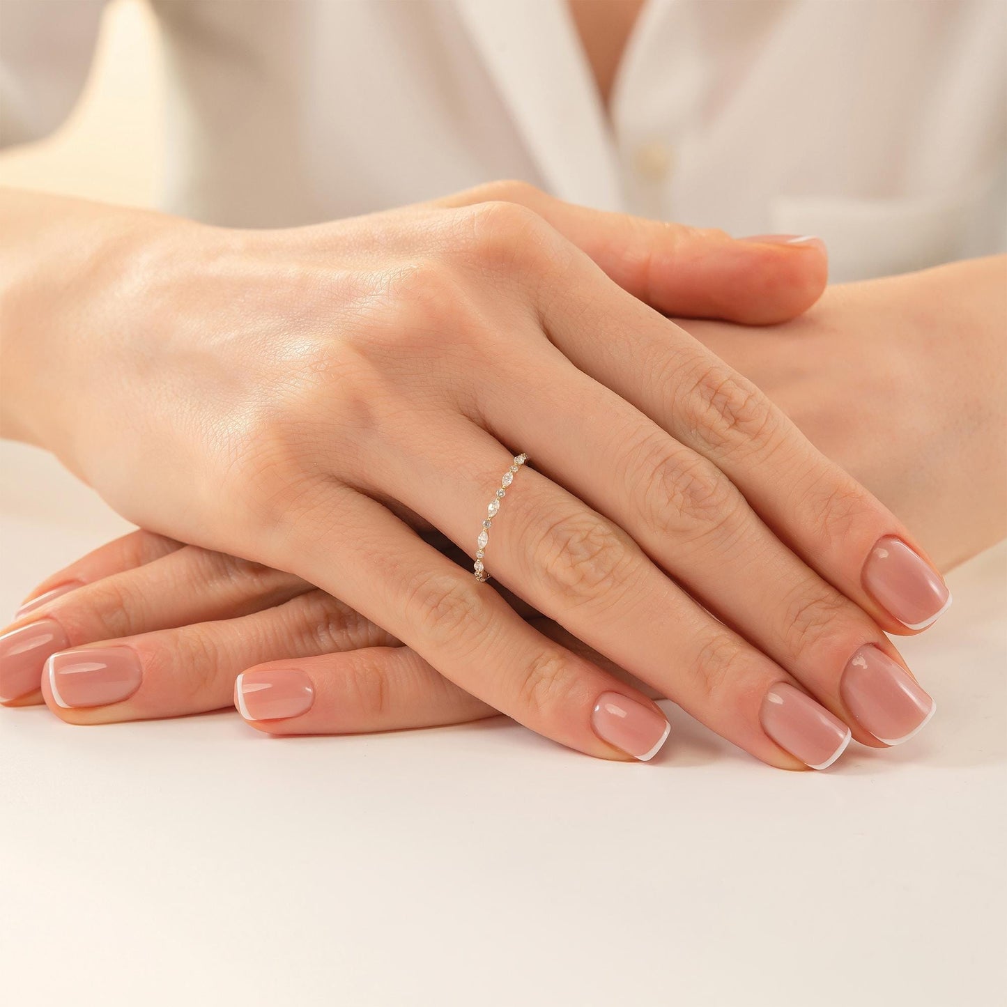 Marquise & Round Eternity Wedding Band, Dainty Stacking Ring in 14K Solid Gold, Dainty Match