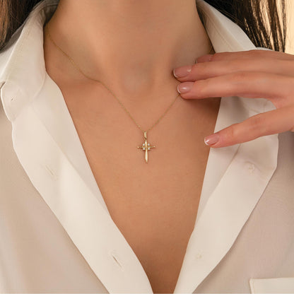 14K Solid Gold Puffy Cross Pendant, Minimalist Layering Necklace, Faith Jewelry