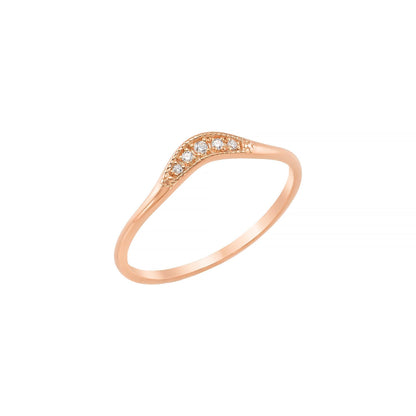 A rose gold ring with a curved band and small diamonds set in it.