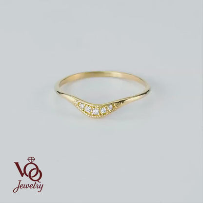 14k Gold Curved Ring – Dainty Stacking Band With Pave Diamond Accents