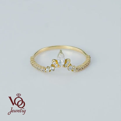 14K Gold Wedding Band - Curved V Shaped Marquise Cut Ring With Moissanite