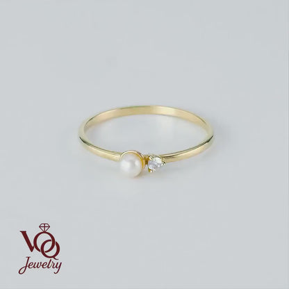 14K Solid Gold Pearl Ring with Tiny Diamond Accent, Dainty Minimalist Stacking Jewelry