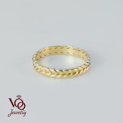 14k Solid Wheat Leaf Wedding Band, Nature-Inspired Dainty Floral Texture Ring, Minimalist Stackable Jewelry
