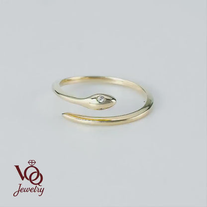 14K Gold Snake Wrap Ring with Tiny Stone Eyes, Minimalist Serpent Dainty Open Band