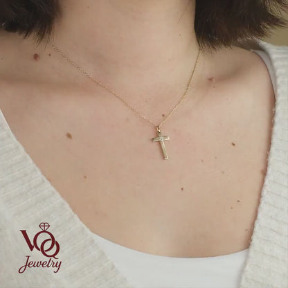 14K Solid Gold Cross Pendant, Dainty Heart Shaped Central Stone, Minimalist Layering Necklace